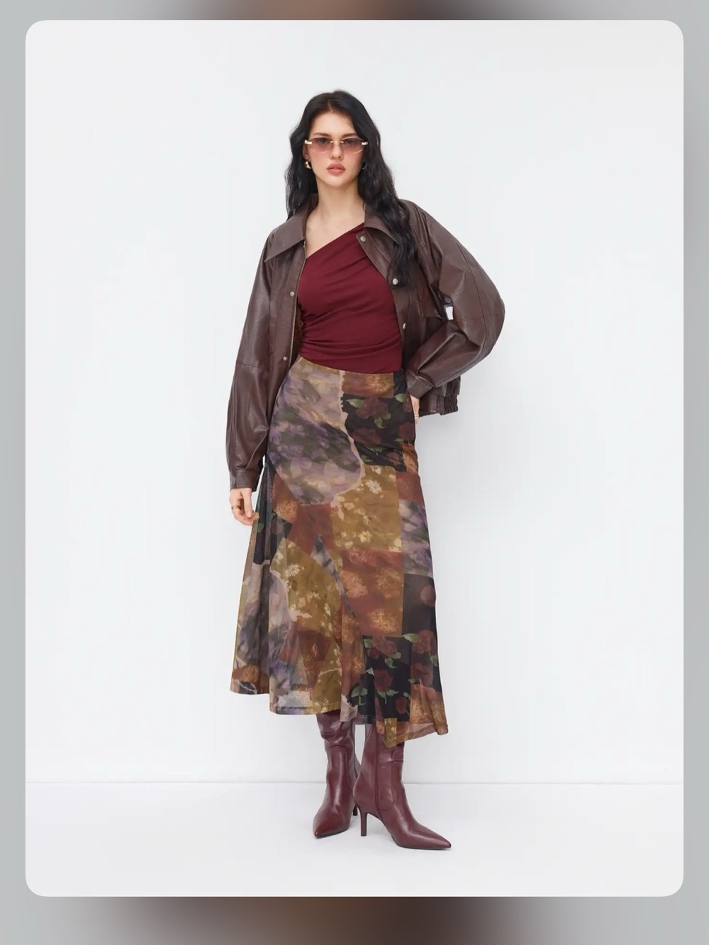 Cider MESH MID RISE ABSTRACT GRAPHIC FLORAL ASYMMETRICAL HEM MAXI SKIRT M CR1318